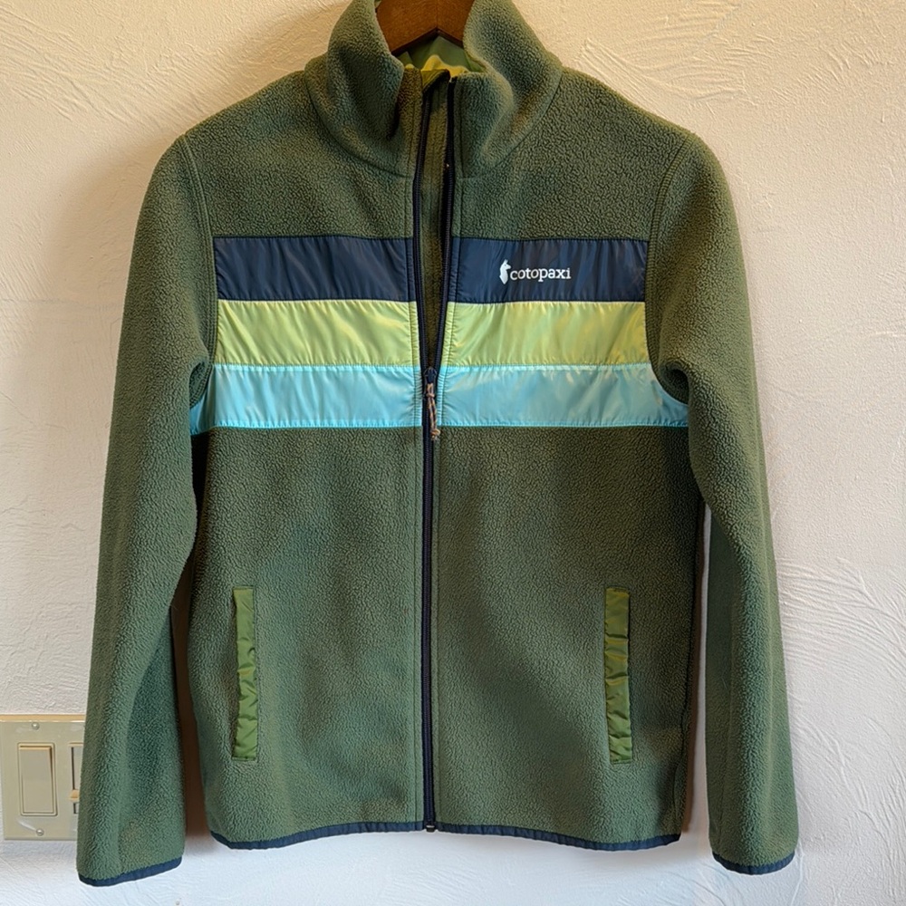 Cotopaxi Olive Fleece Jacket with Aqua Accents